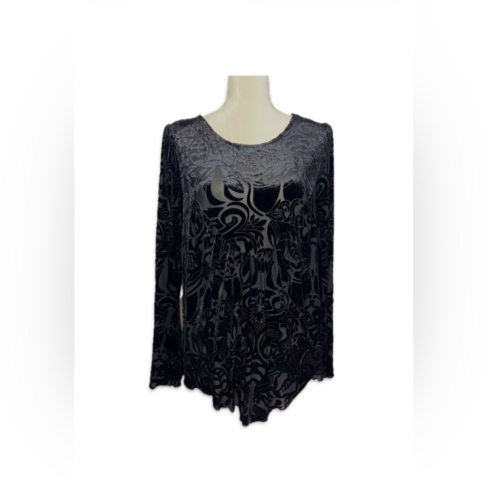 Ultra Pink Black Velvet Burnout Blouse M Semi Sheer Long Sleeve Blouse